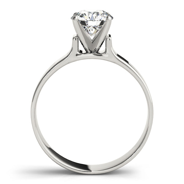 High-polished 14K white gold wide band solitaire ring profile displaying the two-tone diamond setting.
