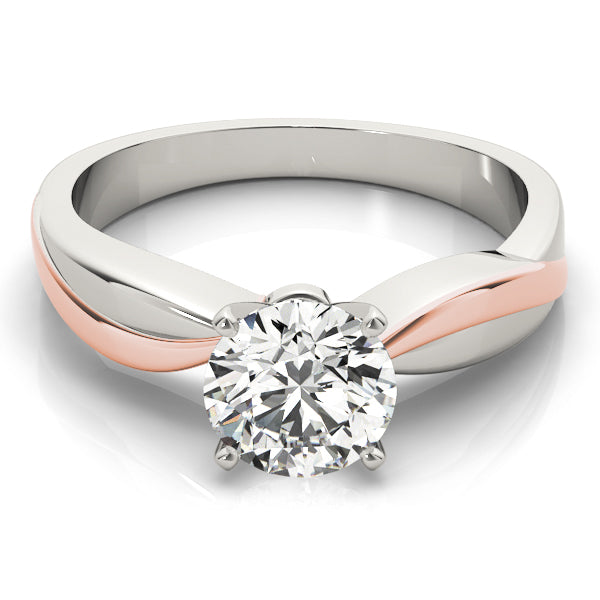 Modern vertical perspective of a round diamond crossover wave engagement ring in 14K white and rose gold.
