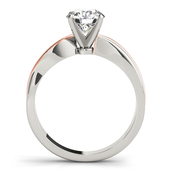 Elegant side profile of a round diamond wave solitaire engagement ring in 14K rose and white gold.