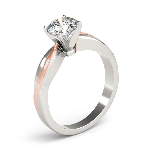 Unique round diamond crossover wave engagement ring in 14K white and rose gold.