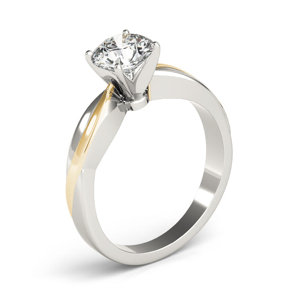 Perspective view of a round diamond bypass solitaire ring in two-tone 14K white and yellow gold.