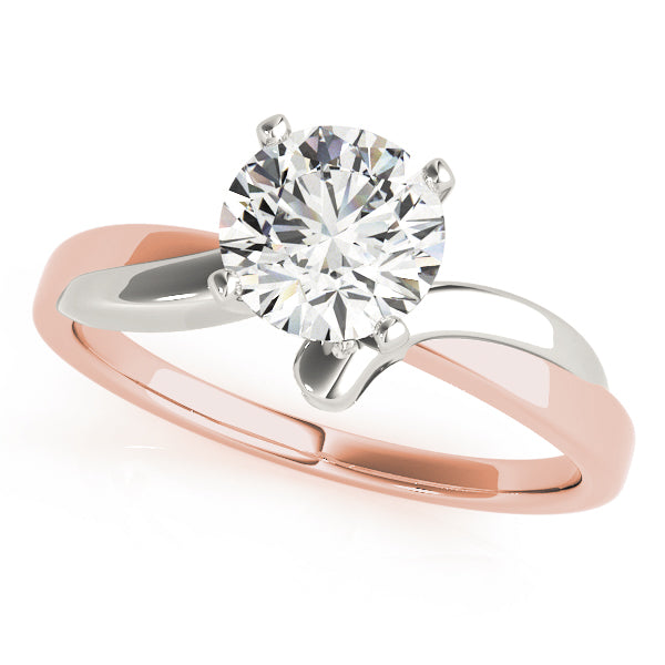 Elegant round diamond swirl crossover engagement ring in two-tone 14K white and rose gold.