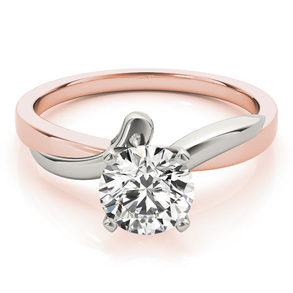 Overhead display of a 14K rose and white gold tension-style fluid bypass ring with a brilliant round cut diamond.