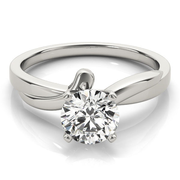 High-polished 14K white gold swirling bypass engagement ring with a round diamond center stone, top view.