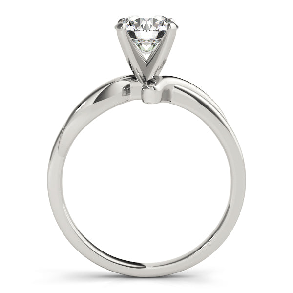 Clean side view of a 14K white gold swirling bypass solitaire engagement ring showing prong architecture.