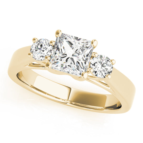 Princess round cut lab-grown diamond 3 stone engagement ring in 14K gold.