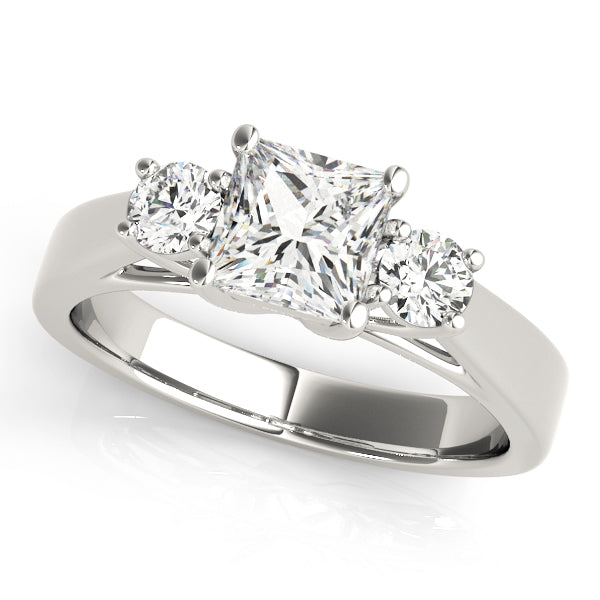 Princess round cut lab-grown diamond three stone engagement ring in 14K white gold.