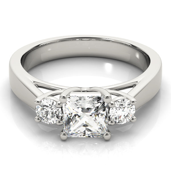 Classic lab-grown diamond 3 stone ring with prong setting, minimalist handcrafted diamond jewelry.