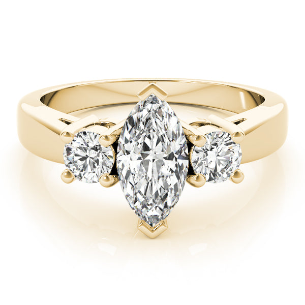 Elegant Marquise Cut 3-Stone Ring with Round Brilliant Accents in 14K yellow Gold Band