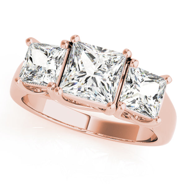 2.55 Ct Princess Lab Grown Diamond 14k Rose Gold 3 Stone Ring on Finger, Realistic Lifestyle View