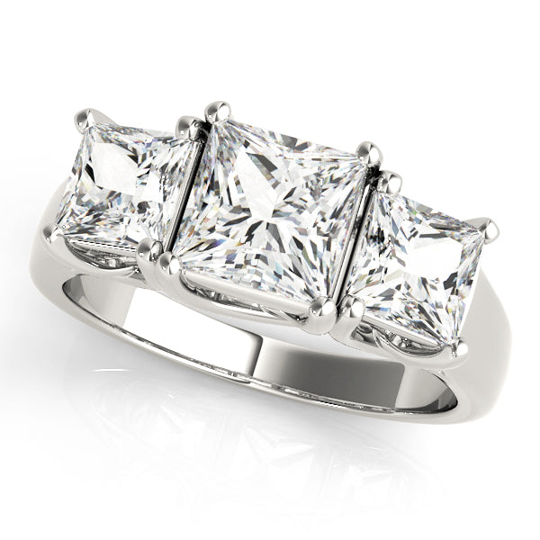 2.55-2.85 Ct Princess Lab Grown Diamond Three Stone Ring on Finger, Realistic Lifestyle View