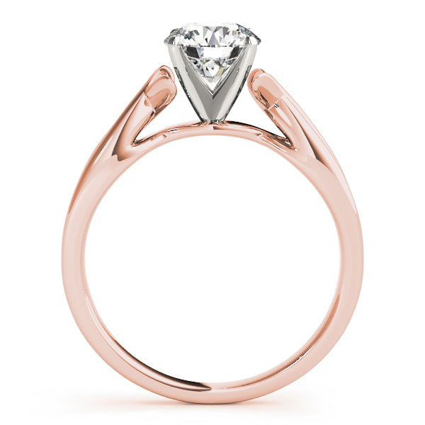 Side profile view of rose gold high crown solitaire setting for round brilliant diamond