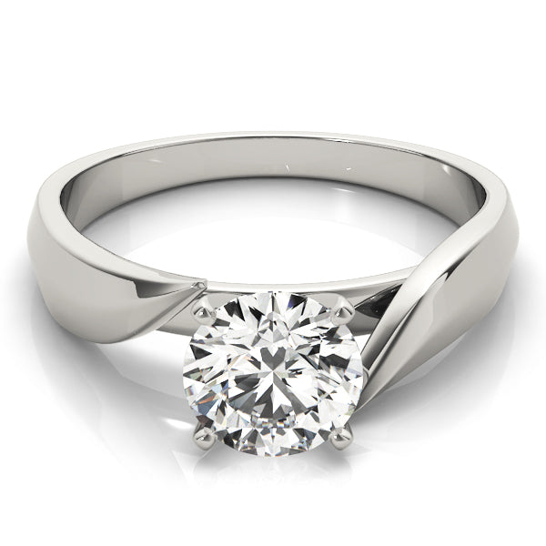 4-prong set round lab created diamond ring in 14K white gold with modern bypass twist style.