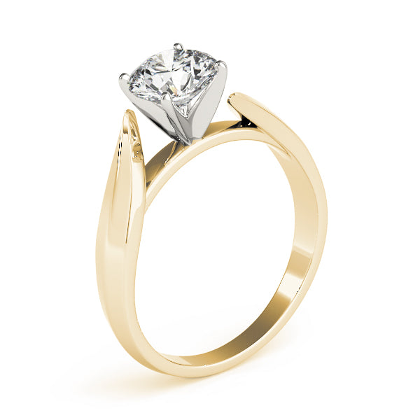 Three-quarter angle view of 14K yellow gold lab grown diamond solitaire engagement ring showing the elegant bypass twist band.