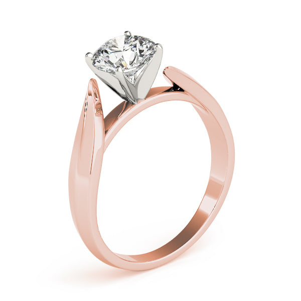 Perspective view of a round-cut lab created diamond solitaire ring in 14K rose gold