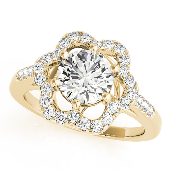 14k yellow gold engagement ring featuring a round diamond in a unique floral halo setting.