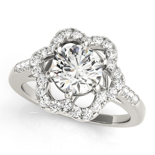 Front-angled view of a white gold scalloped floral halo diamond ring