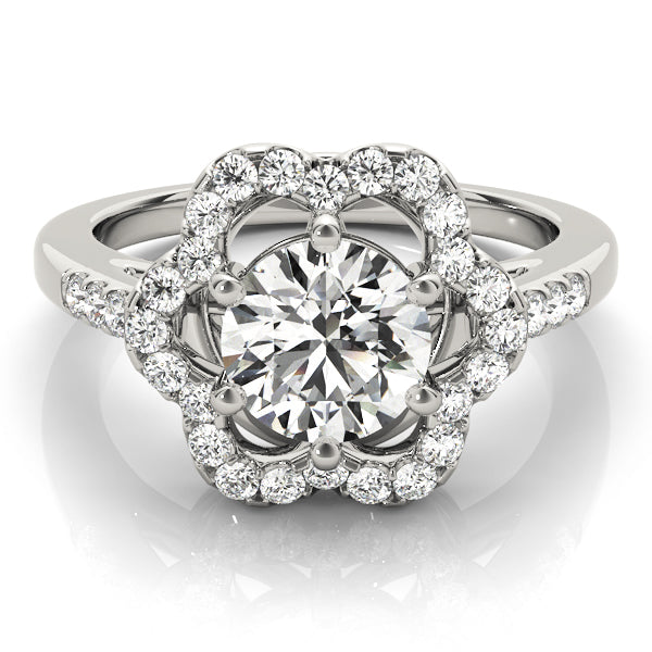 Front overview perspective of a white gold scalloped blossom solitaire ring