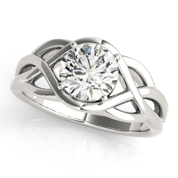 Front view of 14k white gold interwoven criss-cross engagement ring.