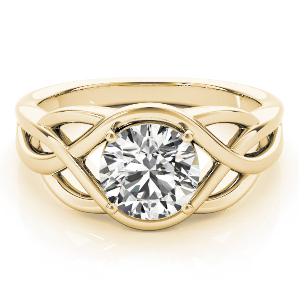 Direct front view of 14k yellow gold celtic knot lab grown diamond solitaire ring.