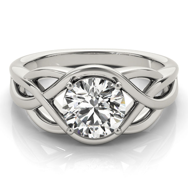 Front-facing product image of 14k white gold round cut lab diamond celtic weave ring