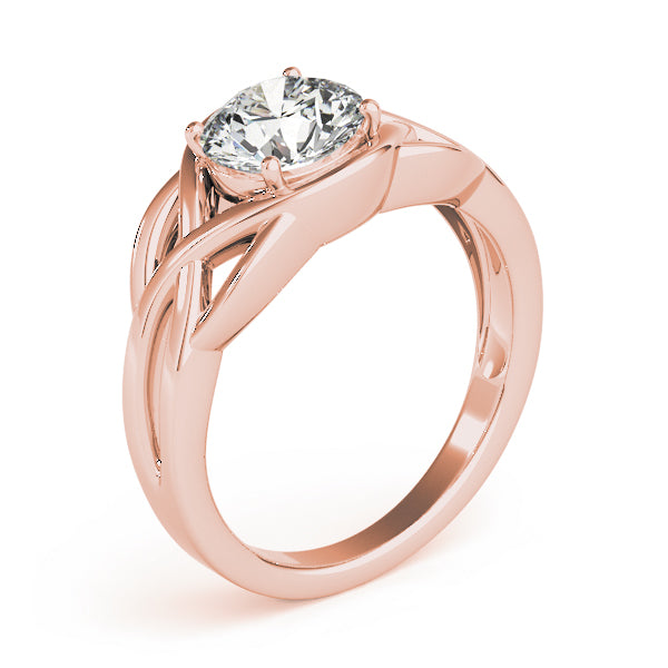 Side angle of 14k rose gold engagement ring showing the twisted split shank design.