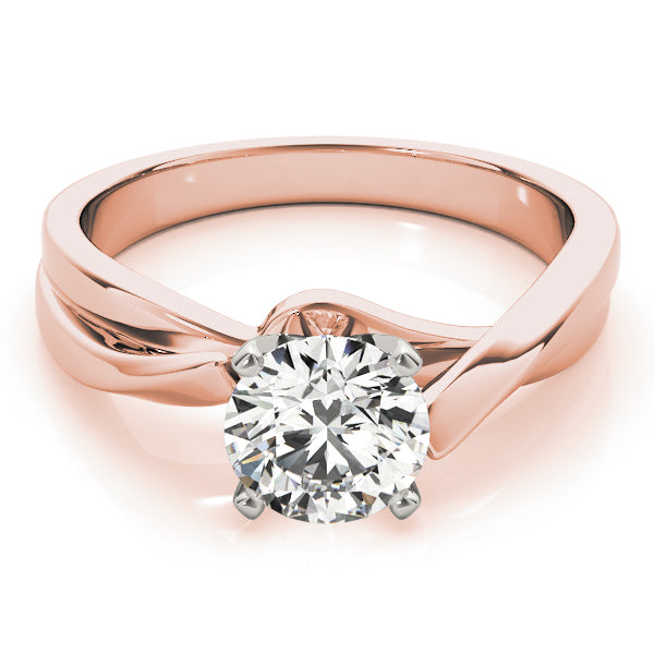 Front-facing jewelry shot of a round lab created diamond solitaire ring in 14K rose gold