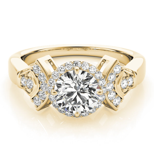 Top-down front view of a 14k yellow gold Art Deco engagement ring