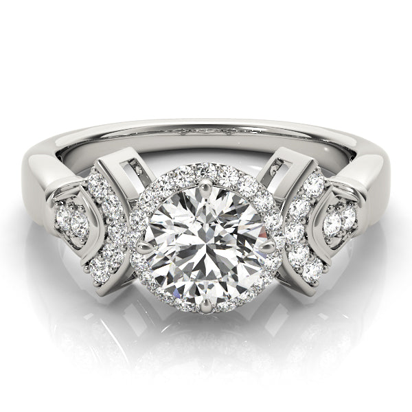 Front view of a white gold cathedral style diamond engagement ring