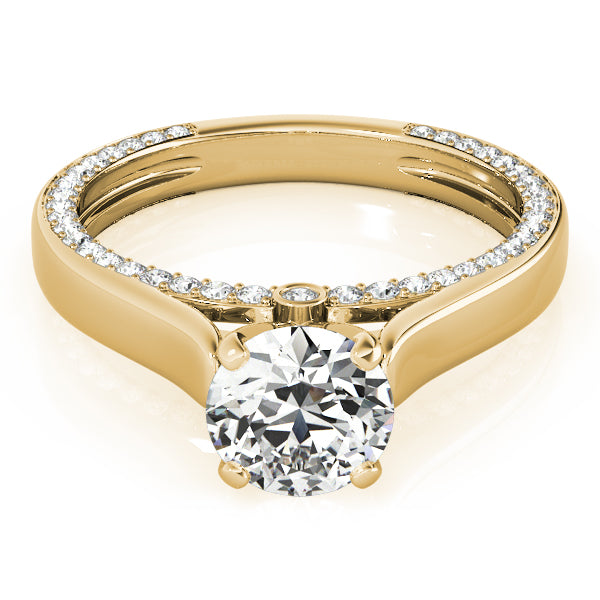 Top-front view of a 14k yellow gold cathedral solitaire ring