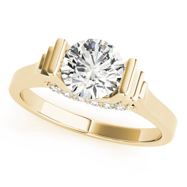 Perspective view of 14k yellow gold art deco lab grown diamond ring.