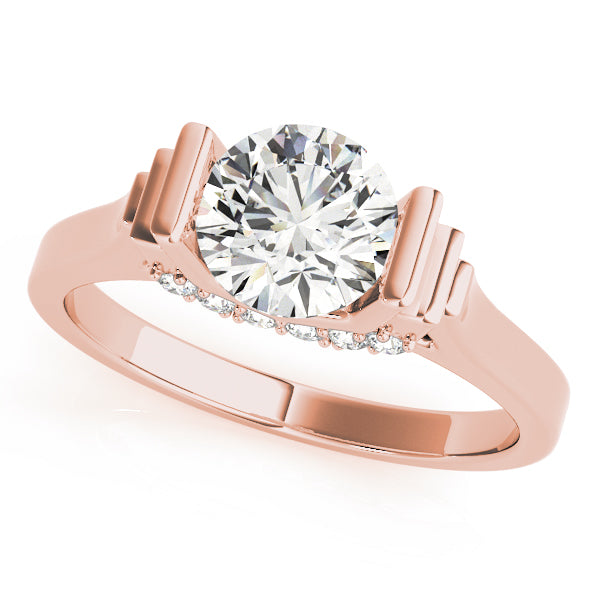 Angled shot of 14k rose gold round cut lab diamond geometric ring.