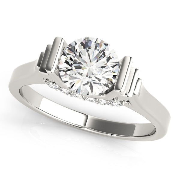Front angle of 14k white gold stepped shoulder engagement ring.