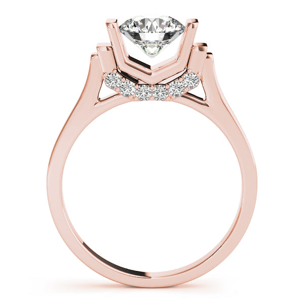 Side view of 14k rose gold bridal ring highlighting under-gem diamond setting.