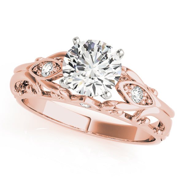 Top view of 14k rose gold round cut lab grown diamond antique ring.
