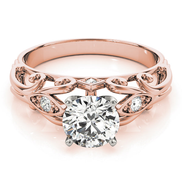 Bird's eye view of 14k rose gold vintage filigree lab diamond ring.