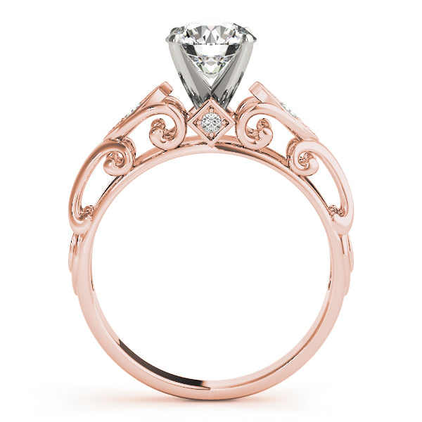 Side view of 14k rose gold engagement ring with crown setting.