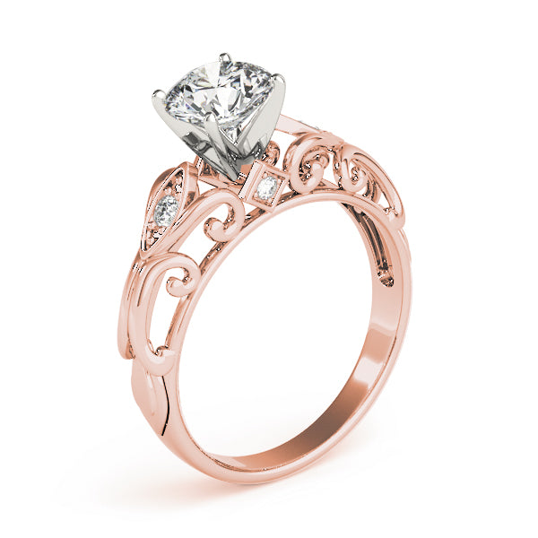 3D angle of 14k rose gold lab grown diamond vintage bridal ring.