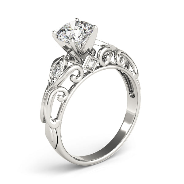 Angled shot of 14k white gold antique style lab diamond engagement ring.