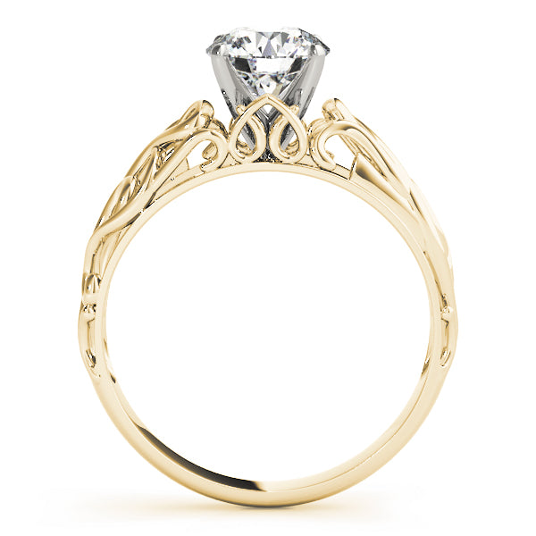 Direct side profile of a 14K yellow gold solitaire ring showing the majestic high-prong setting