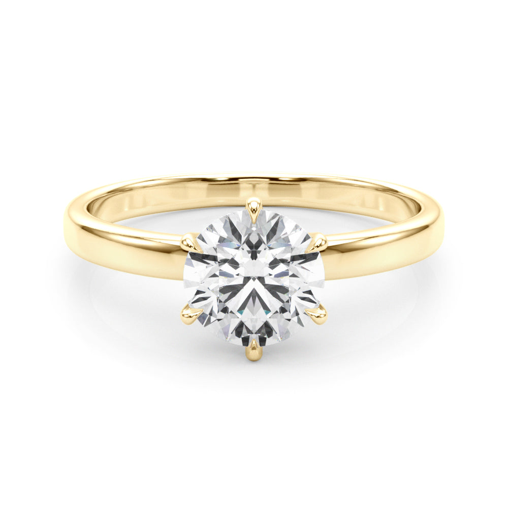 Clear front shot of a yellow gold lab diamond engagement ring showing 6-prong symmetry