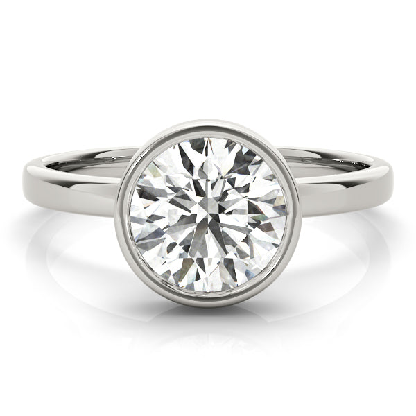 High-quality 3D render of round diamond bezel set solitaire in white gold