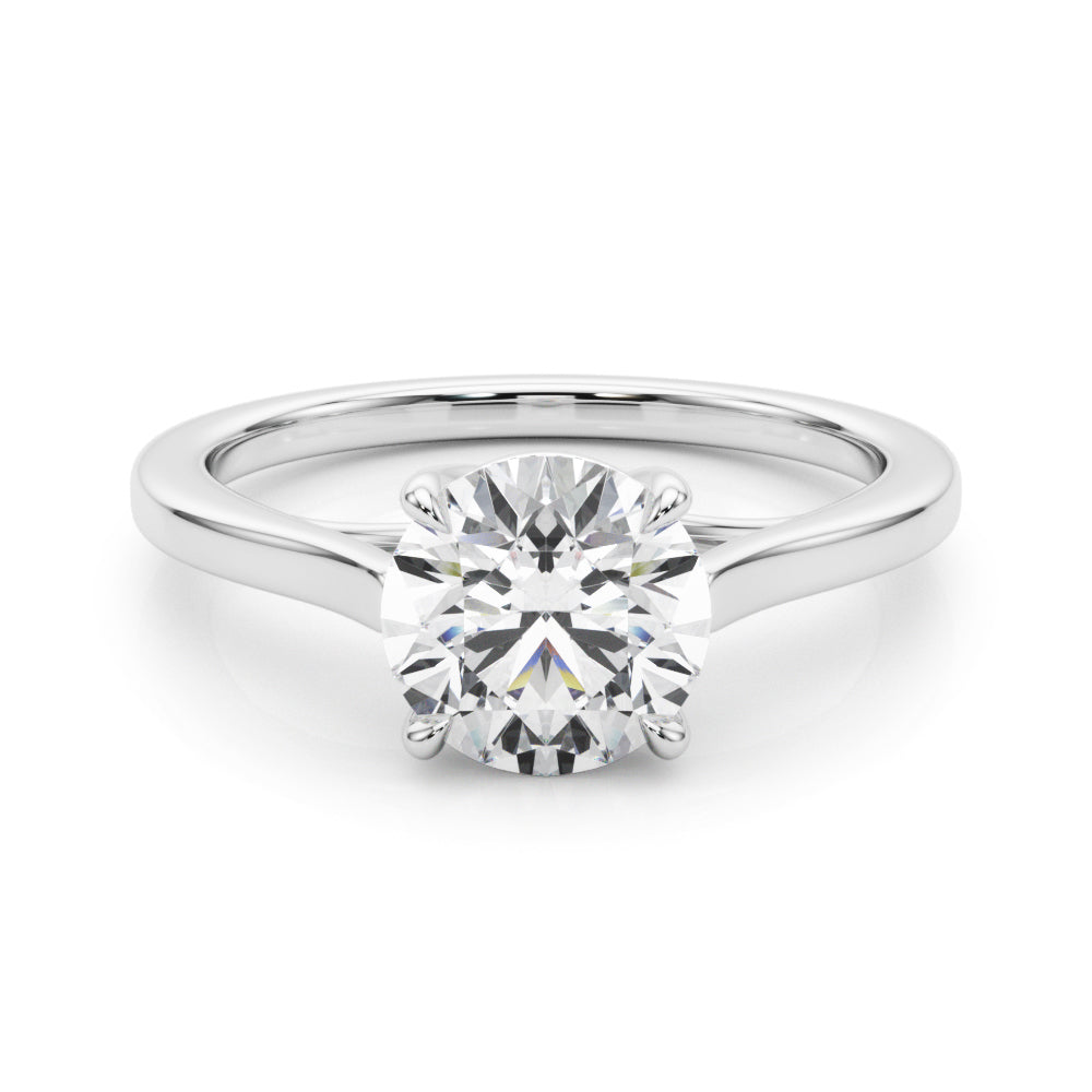 Top view of a VS F round lab grown diamond in a classic 14K white gold 4-prong solitaire setting.