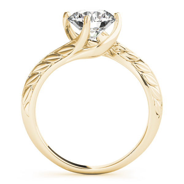 Side profile showing the artistic petal-style prongs in a yellow gold bypass setting.