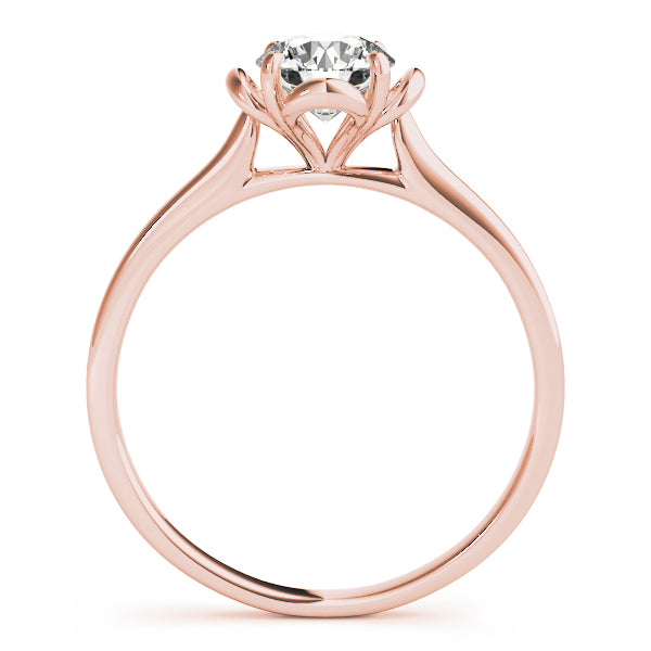 Perspective shot of the rose gold VS F lab diamond ring with a designer petal base.