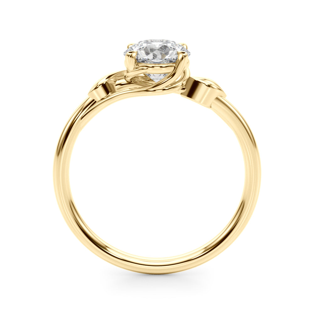 Angle view of yellow gold solitaire showing unique decorative bridge design.