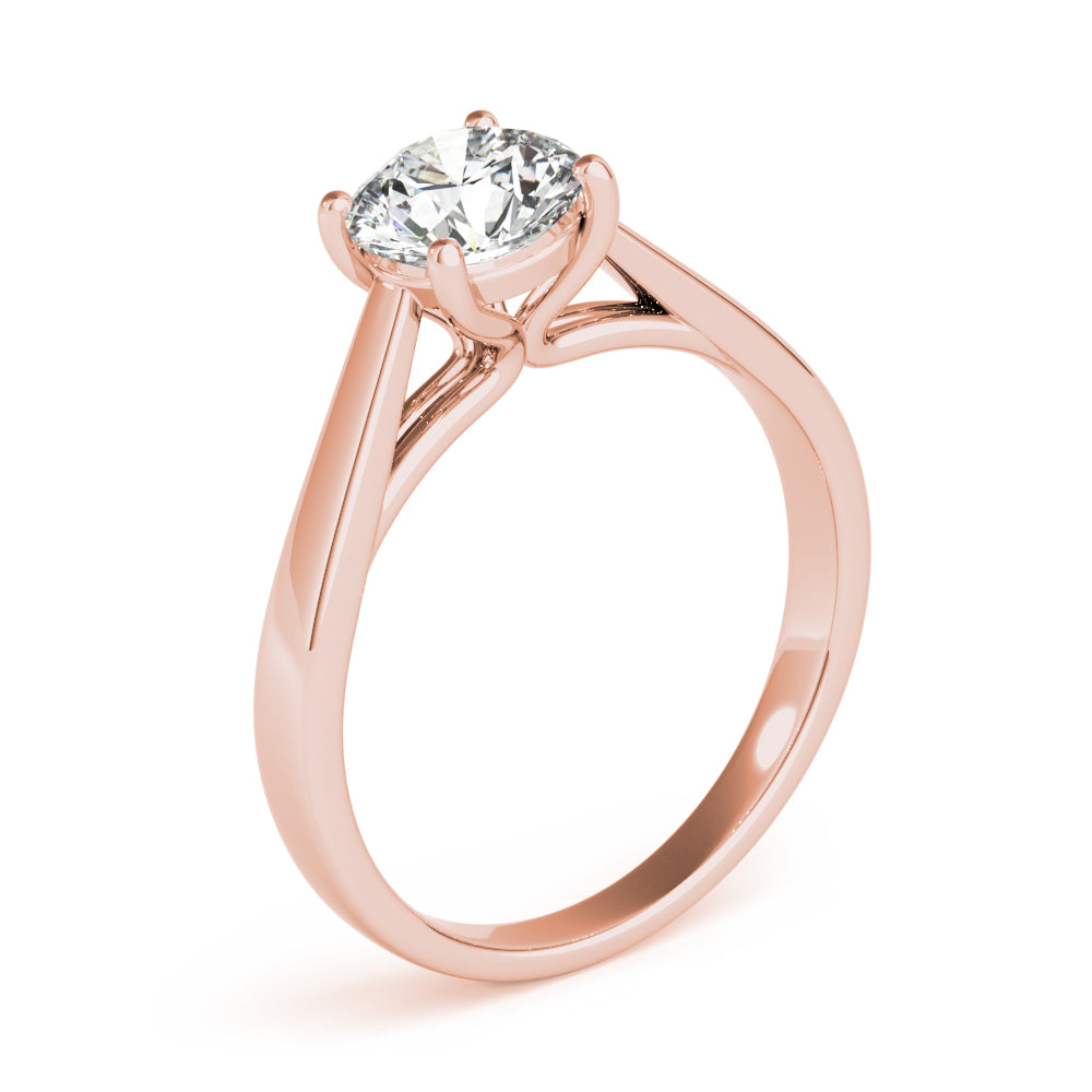 Side angle perspective of a rose gold lab grown diamond solitaire ring.