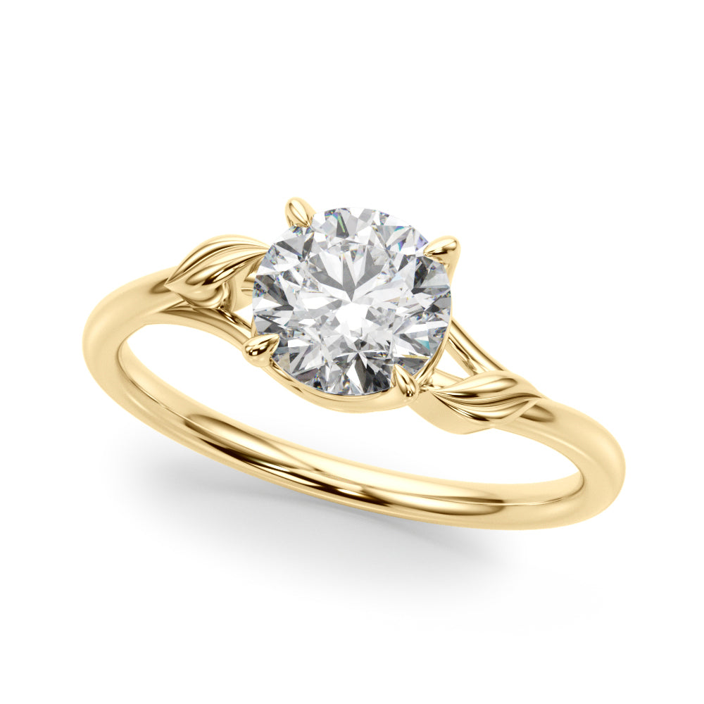 High-quality top-down shot of round lab diamond solitaire in 14K yellow gold.