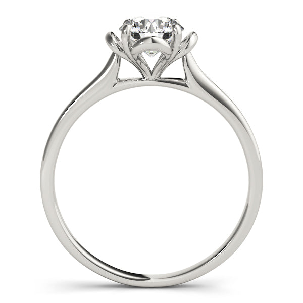 Angled view of the white gold lab diamond ring showcasing the high-set floral prongs.