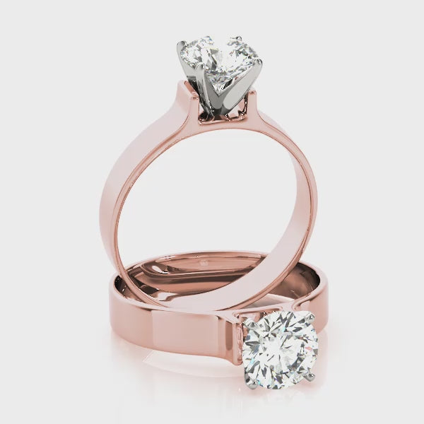 14K Rose Gold Round Diamond Solitaire Ring with Flat Wide Band